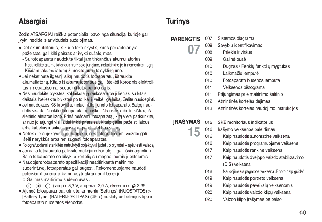 Samsung EC-S1060BBA/RU, EC-S1060SBA/RU manual Atsargiai, Turinys 