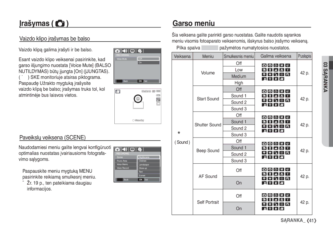 Samsung EC-S1060BBA/RU, EC-S1060SBA/RU manual Garso meniu, Paveikslų veiksena Scene, Vaizdo klipą galima įrašyti ir be balso 