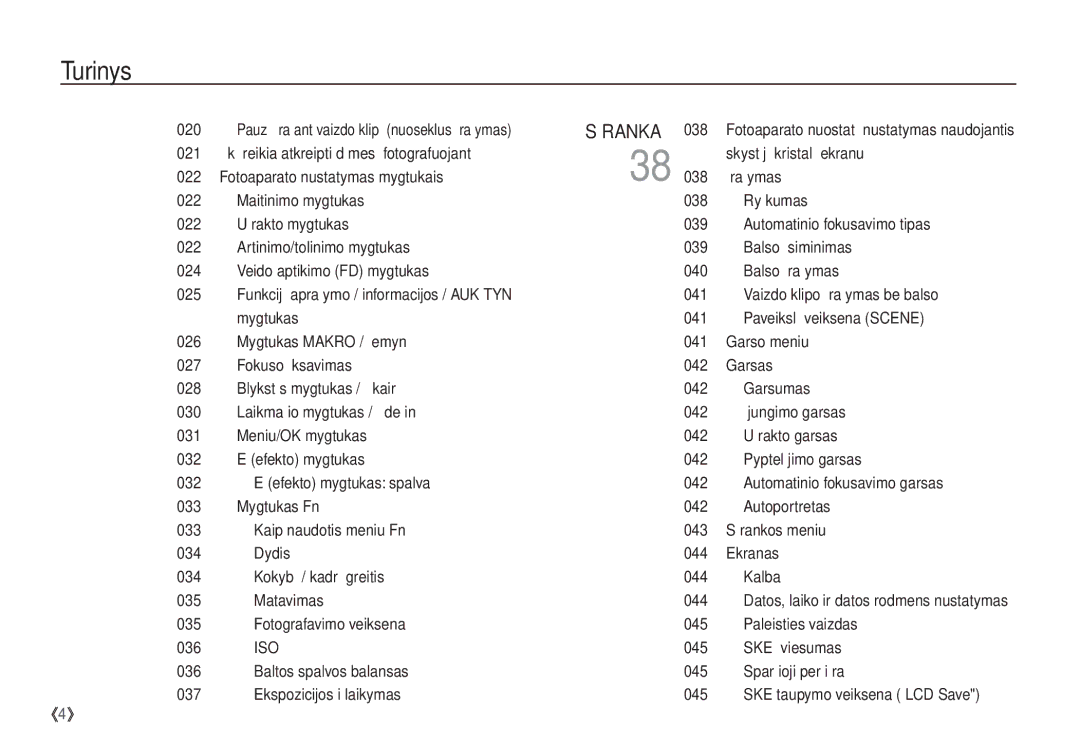 Samsung EC-S1060SBA/RU manual Fotoaparato nustatymas mygtukais Įrašymas, Maitinimo mygtukas 038 Ryškumas, Dydis 044 Ekranas 