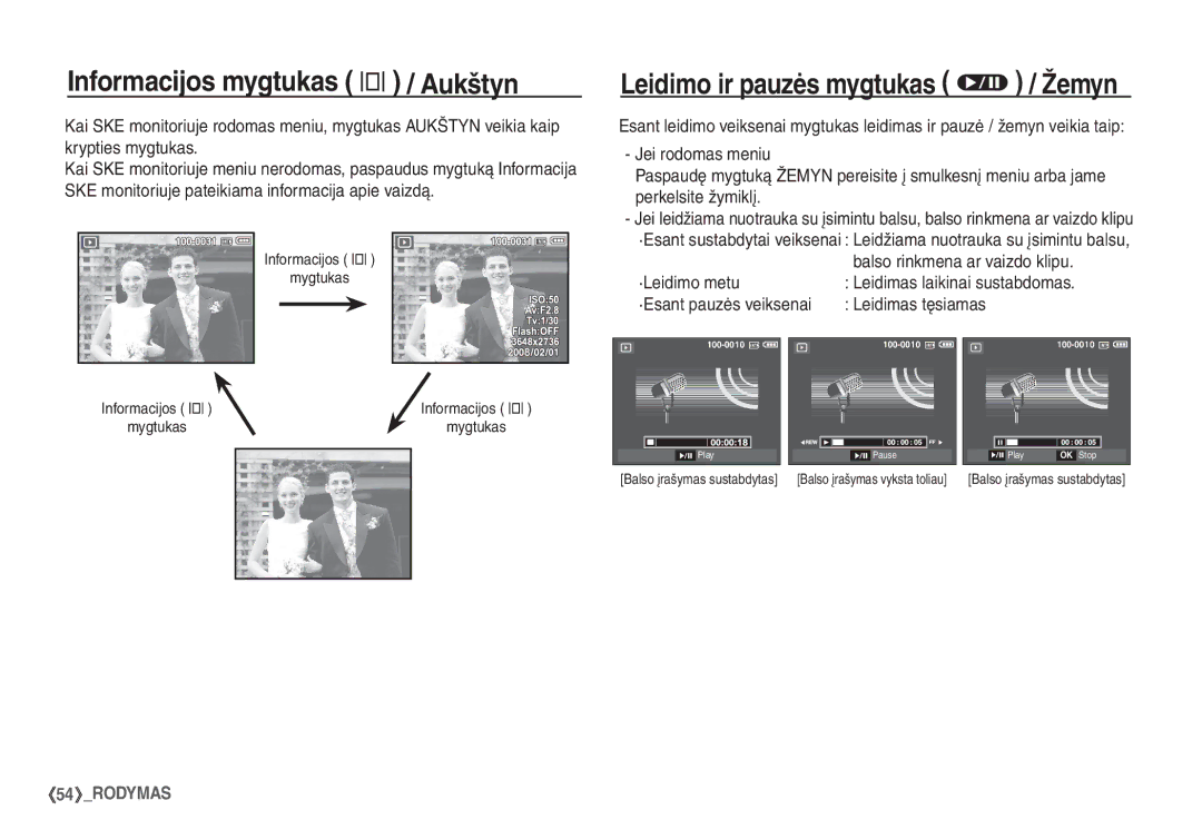 Samsung EC-S1060SBA/RU manual Informacijos mygtukas î / Aukštyn, Leidimo ir pauzės mygtukas Ø / Žemyn, ·Leidimo metu 