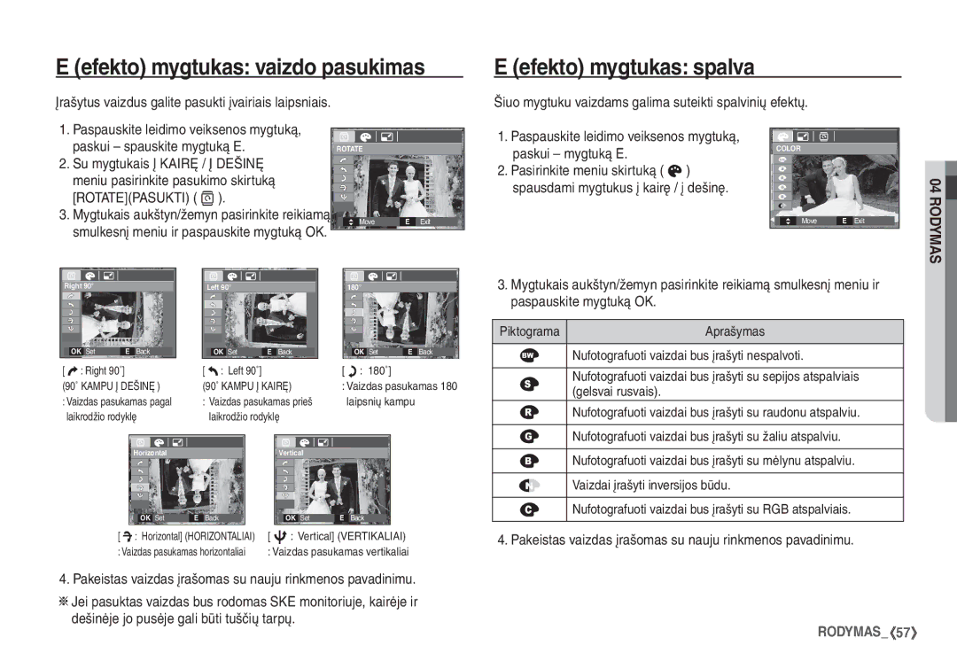 Samsung EC-S1060BBA/RU, EC-S1060SBA/RU manual Efekto mygtukas vaizdo pasukimas, Efekto mygtukas spalva 