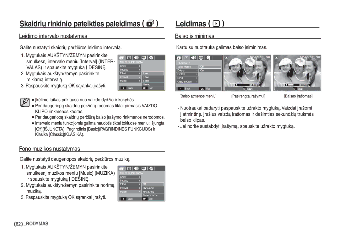 Samsung EC-S1060SBA/RU, EC-S1060BBA/RU manual Leidimas à, Leidimo intervalo nustatymas, Fono muzikos nustatymas 