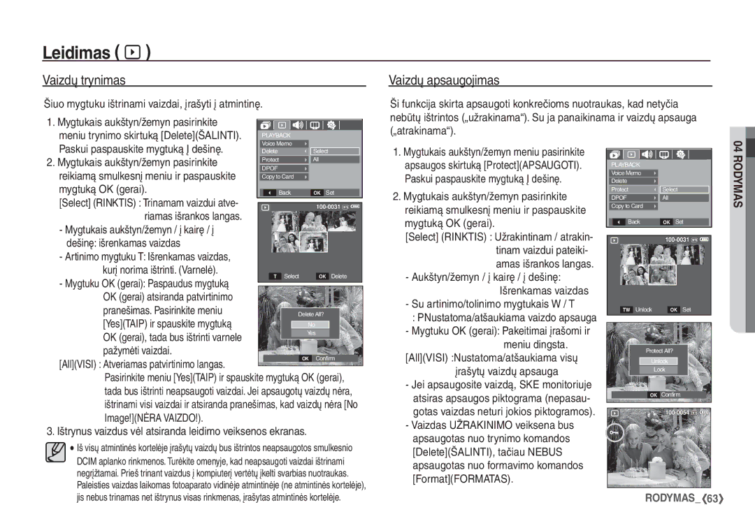 Samsung EC-S1060BBA/RU, EC-S1060SBA/RU manual Vaizdų trynimas, Vaizdų apsaugojimas, Mygtuką OK gerai, Pažymėti vaizdai 