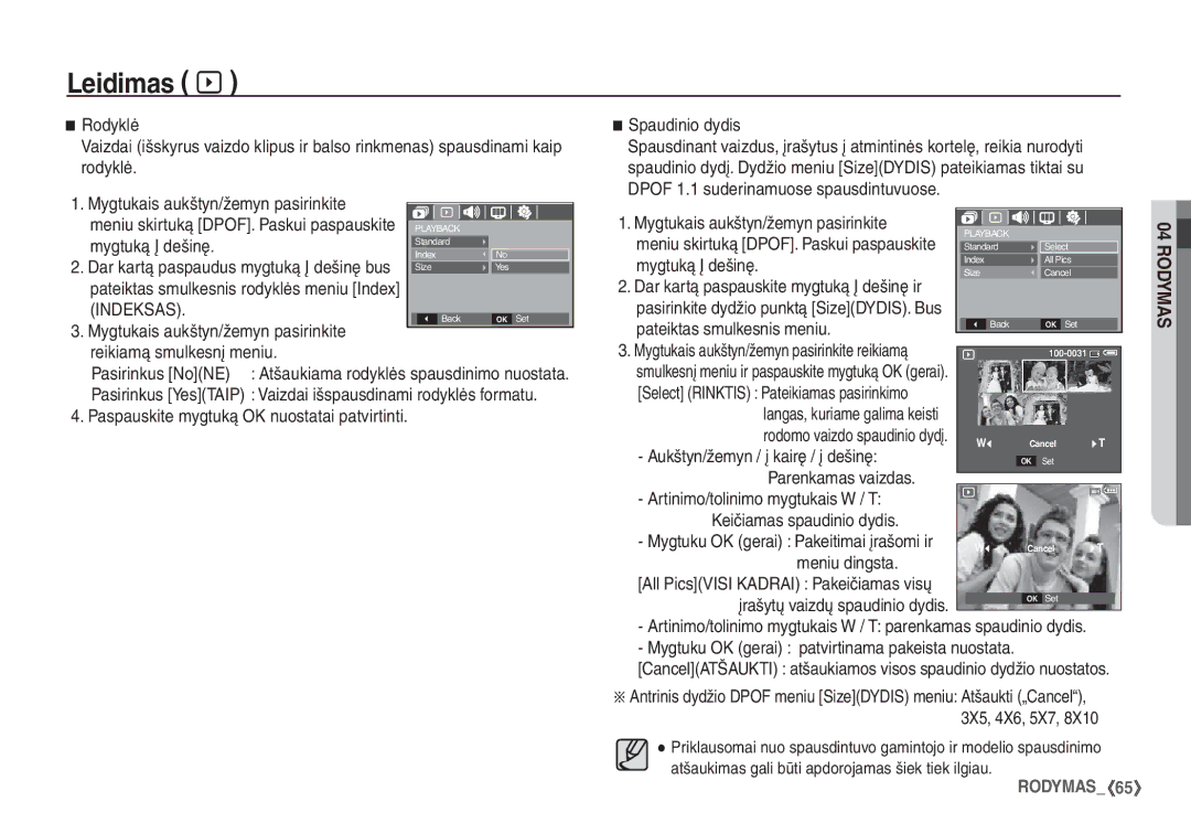 Samsung EC-S1060BBA/RU manual Reikiamą smulkesnį meniu Pasirinkus NoNE, Spaudinio dydis, Pateiktas smulkesnis meniu 