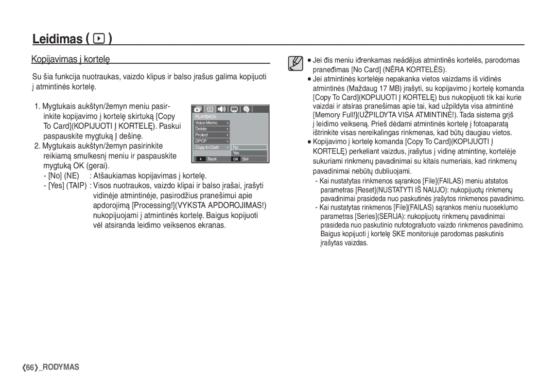 Samsung EC-S1060SBA/RU manual Kopijavimas į kortelę, Mygtukais aukštyn/žemyn meniu pasir, Paspauskite mygtuką Į dešinę 