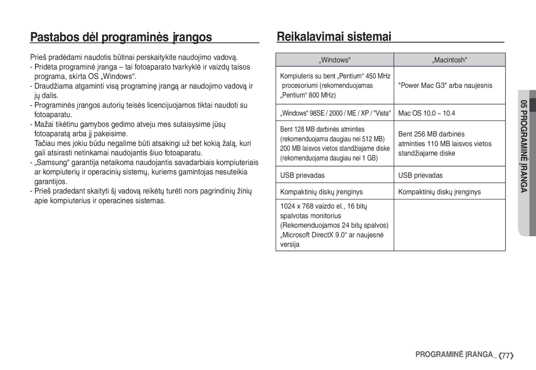 Samsung EC-S1060BBA/RU, EC-S1060SBA/RU manual Pastabos dėl programinės įrangos, Reikalavimai sistemai 