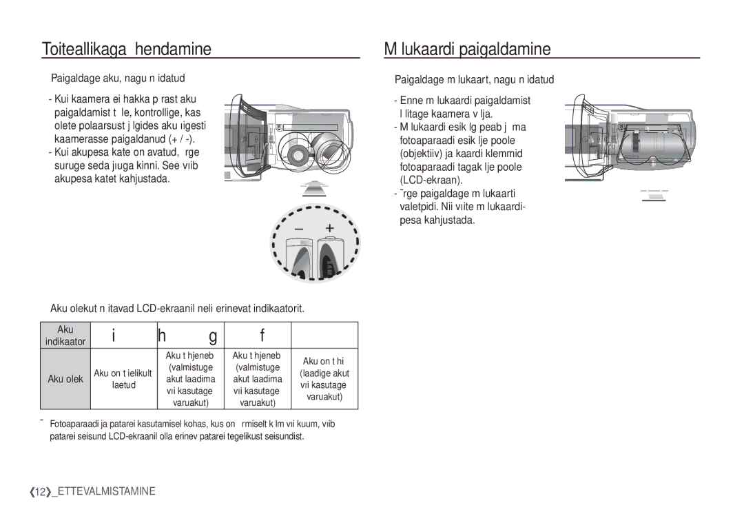 Samsung EC-S1060SBA/RU manual Mälukaardi paigaldamine, Paigaldage aku, nagu näidatud, Paigaldage mälukaart, nagu näidatud 