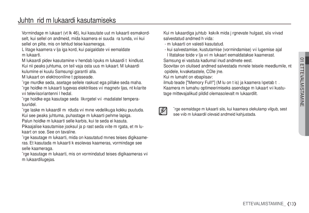 Samsung EC-S1060BBA/RU, EC-S1060SBA/RU manual Juhtnöörid mälukaardi kasutamiseks 