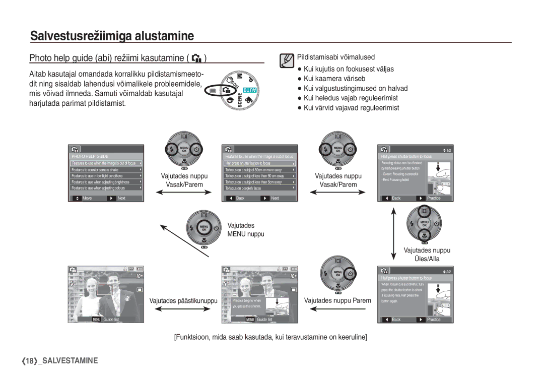 Samsung EC-S1060SBA/RU Photo help guide abi režiimi kasutamine `, Vajutades nuppu Vasak/Parem, Vajutades nuppu Üles/Alla 