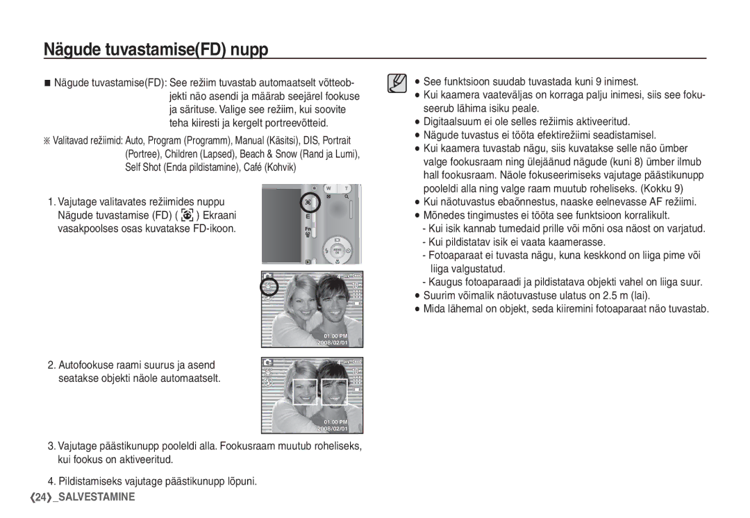 Samsung EC-S1060SBA/RU, EC-S1060BBA/RU manual Nägude tuvastamiseFD nupp, Vajutage valitavates režiimides nuppu 