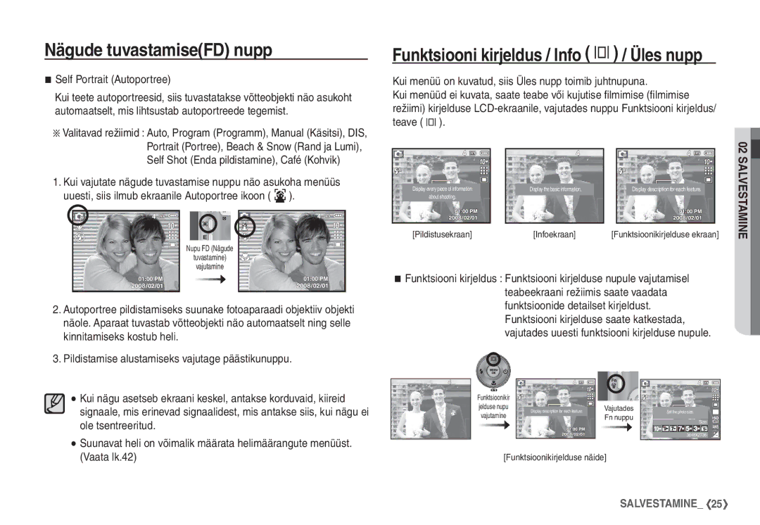 Samsung EC-S1060BBA/RU, EC-S1060SBA/RU manual Self Portrait Autoportree, Funktsiooni kirjeldus / Info î / Üles nupp 