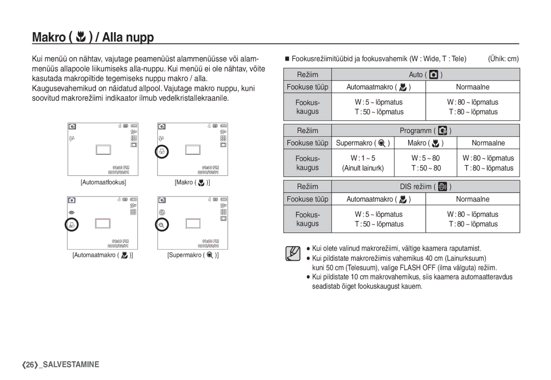 Samsung EC-S1060SBA/RU, EC-S1060BBA/RU manual Makro e / Alla nupp, Auto Š, Supermakro Makro e, DIS režiim ÿ 