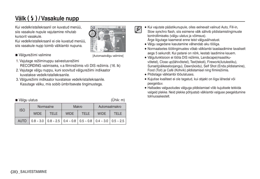 Samsung EC-S1060SBA/RU, EC-S1060BBA/RU manual Välk / Vasakule nupp, Välgu ulatus, Normaalne Makro Automaatmakro, Auto 0.8 ~ 