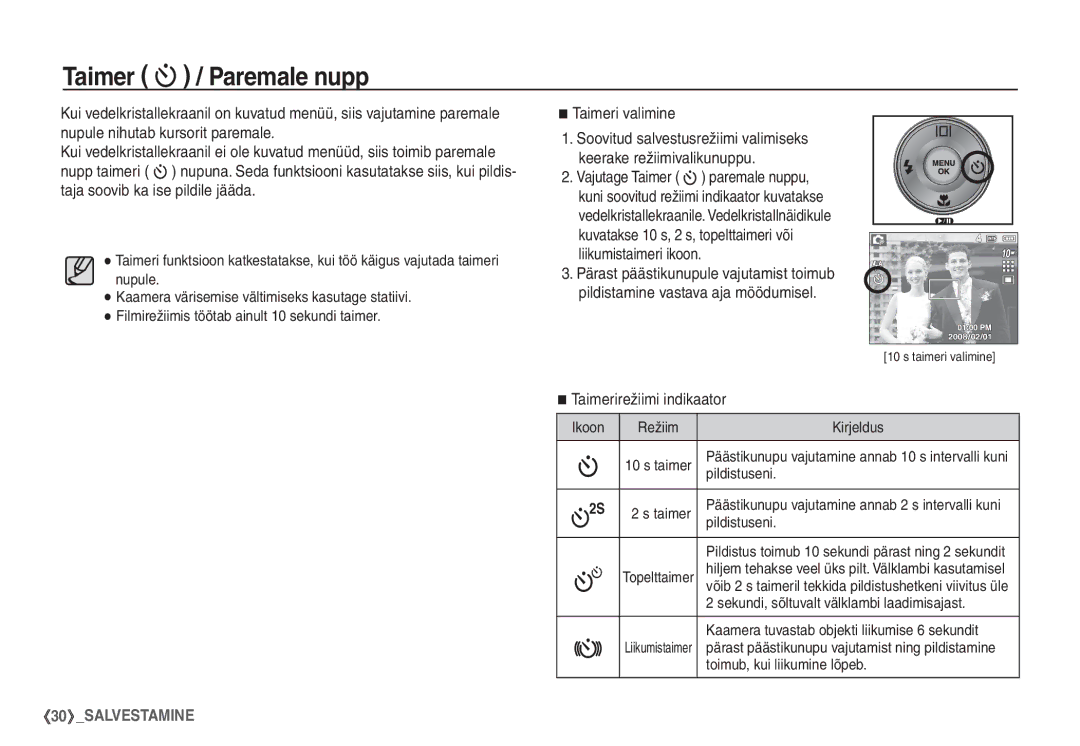 Samsung EC-S1060SBA/RU, EC-S1060BBA/RU manual Taimer / Paremale nupp, Taimeri valimine, Taimerirežiimi indikaator 