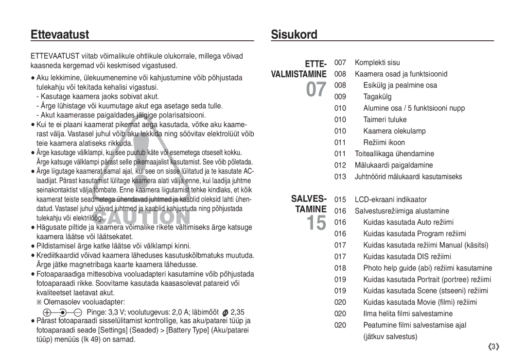 Samsung EC-S1060BBA/RU, EC-S1060SBA/RU manual Ettevaatust, Sisukord 