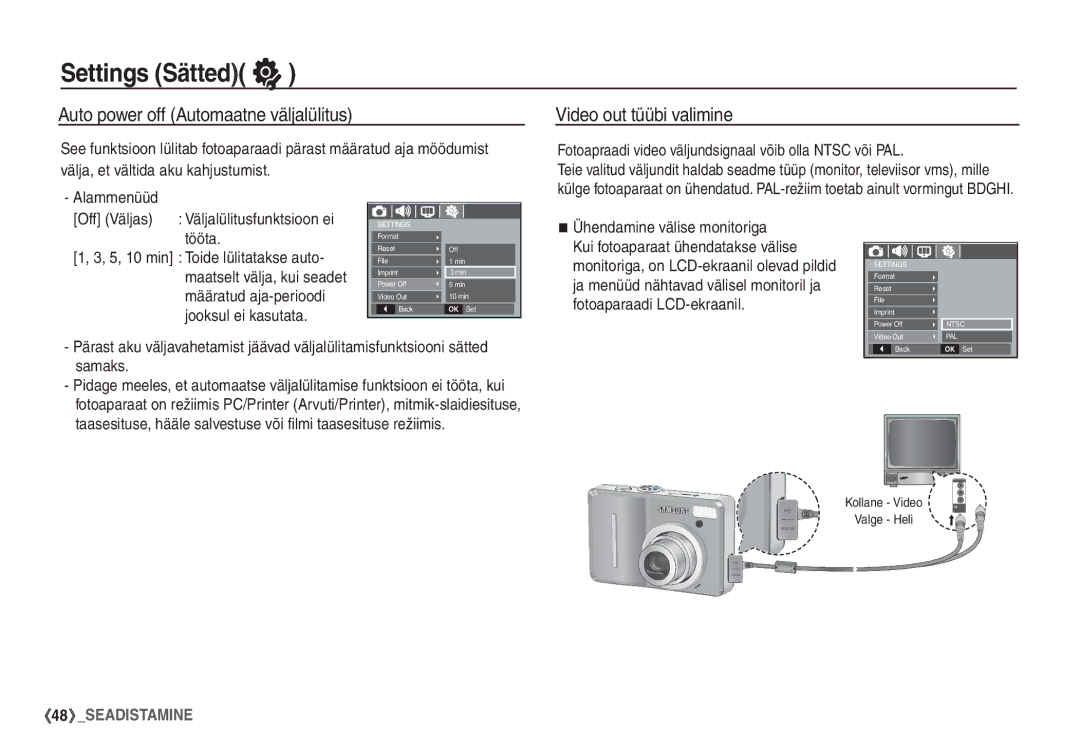 Samsung EC-S1060SBA/RU Auto power off Automaatne väljalülitus, Video out tüübi valimine, Ühendamine välise monitoriga 