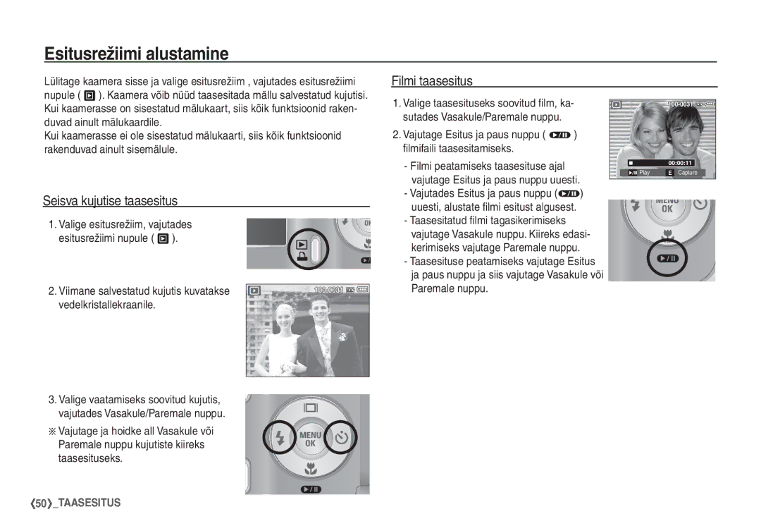 Samsung EC-S1060SBA/RU, EC-S1060BBA/RU manual Esitusrežiimi alustamine, Filmi taasesitus, Seisva kujutise taasesitus 