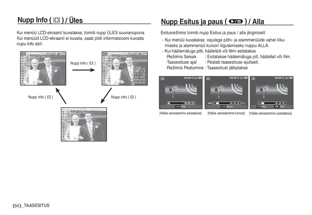 Samsung EC-S1060SBA/RU, EC-S1060BBA/RU manual Nupp Info î / Üles, Nupp Esitus ja paus Ø / Alla 