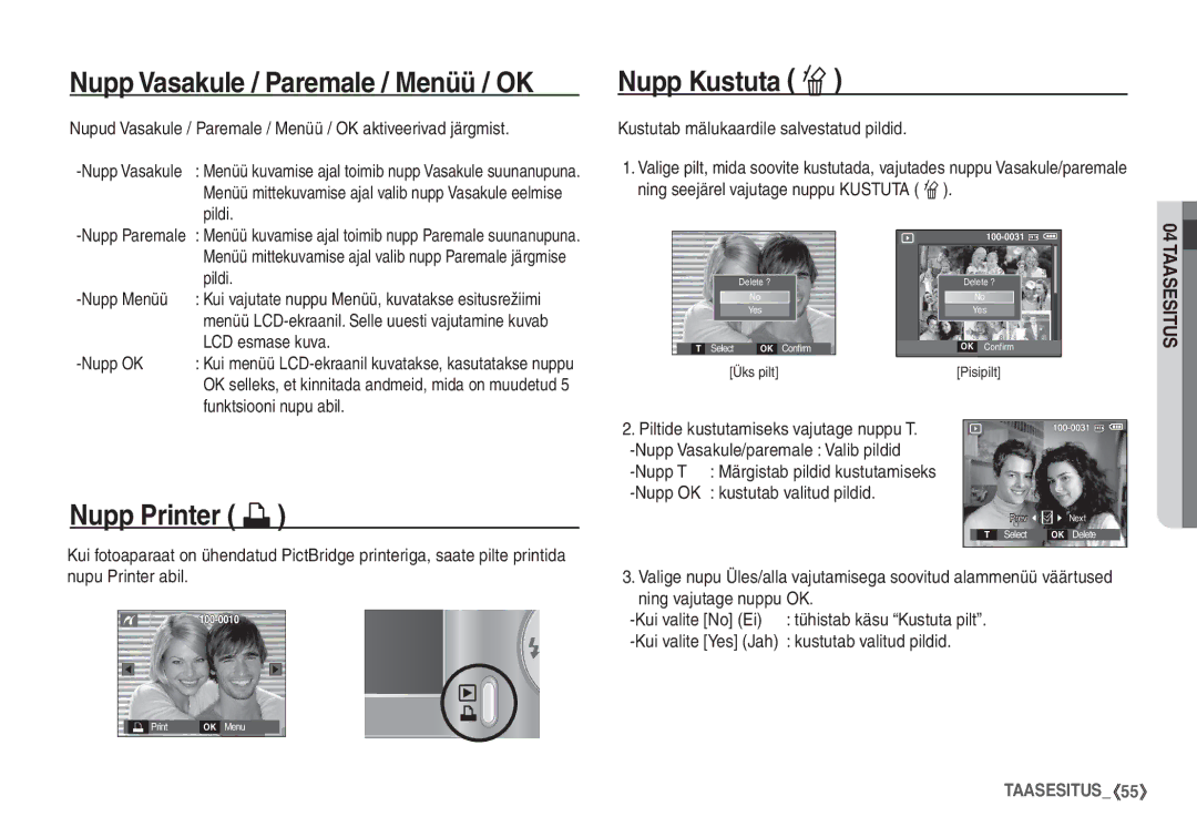 Samsung EC-S1060BBA/RU, EC-S1060SBA/RU manual Nupp Vasakule / Paremale / Menüü / OK, Nupp Printer » 