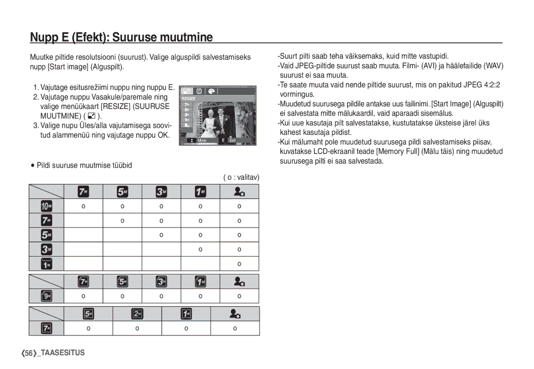 Samsung EC-S1060SBA/RU, EC-S1060BBA/RU manual Nupp E Efekt Suuruse muutmine 