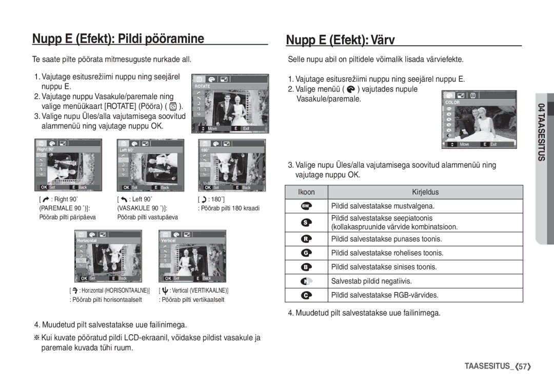 Samsung EC-S1060BBA/RU Nupp E Efekt Pildi pööramine, Nupp E Efekt Värv, Te saate pilte pöörata mitmesuguste nurkade all 