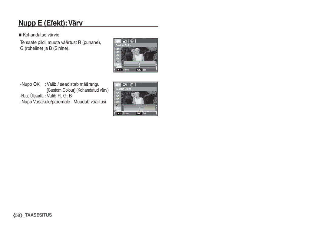 Samsung EC-S1060SBA/RU, EC-S1060BBA/RU manual Nupp Üles/alla Valib R, G, B, Nupp Vasakule/paremale Muudab väärtusi 