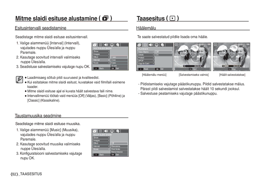 Samsung EC-S1060SBA/RU, EC-S1060BBA/RU manual Taasesitus à, Esitusintervalli seadistamine, Taustamuusika seadmine 