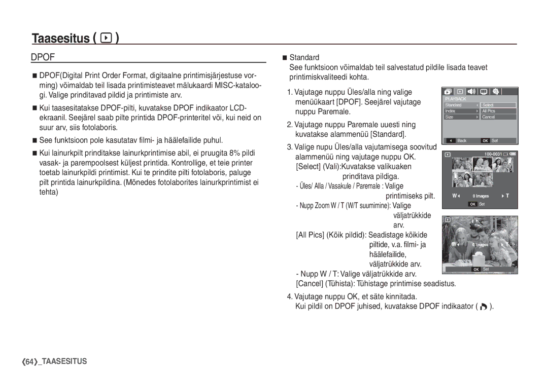 Samsung EC-S1060SBA/RU Menüükaart DPOF. Seejärel vajutage, Printimiseks pilt, Väljatrükkide Arv, Piltide, v.a. filmi- ja 