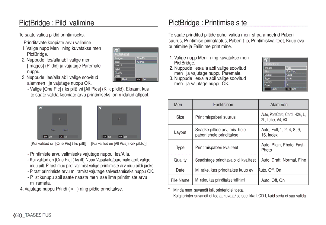 Samsung EC-S1060SBA/RU, EC-S1060BBA/RU manual PictBridge Pildi valimine, PictBridge Printimise säte 