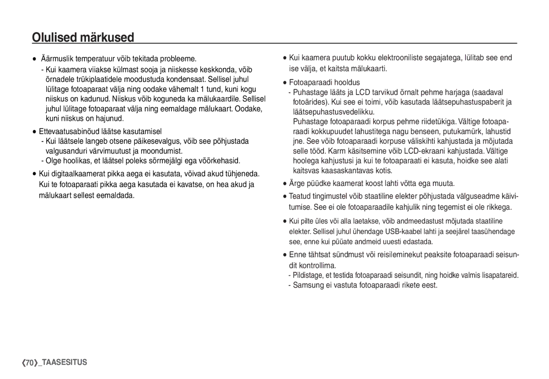 Samsung EC-S1060SBA/RU manual Ärge püüdke kaamerat koost lahti võtta ega muuta, Samsung ei vastuta fotoaparaadi rikete eest 