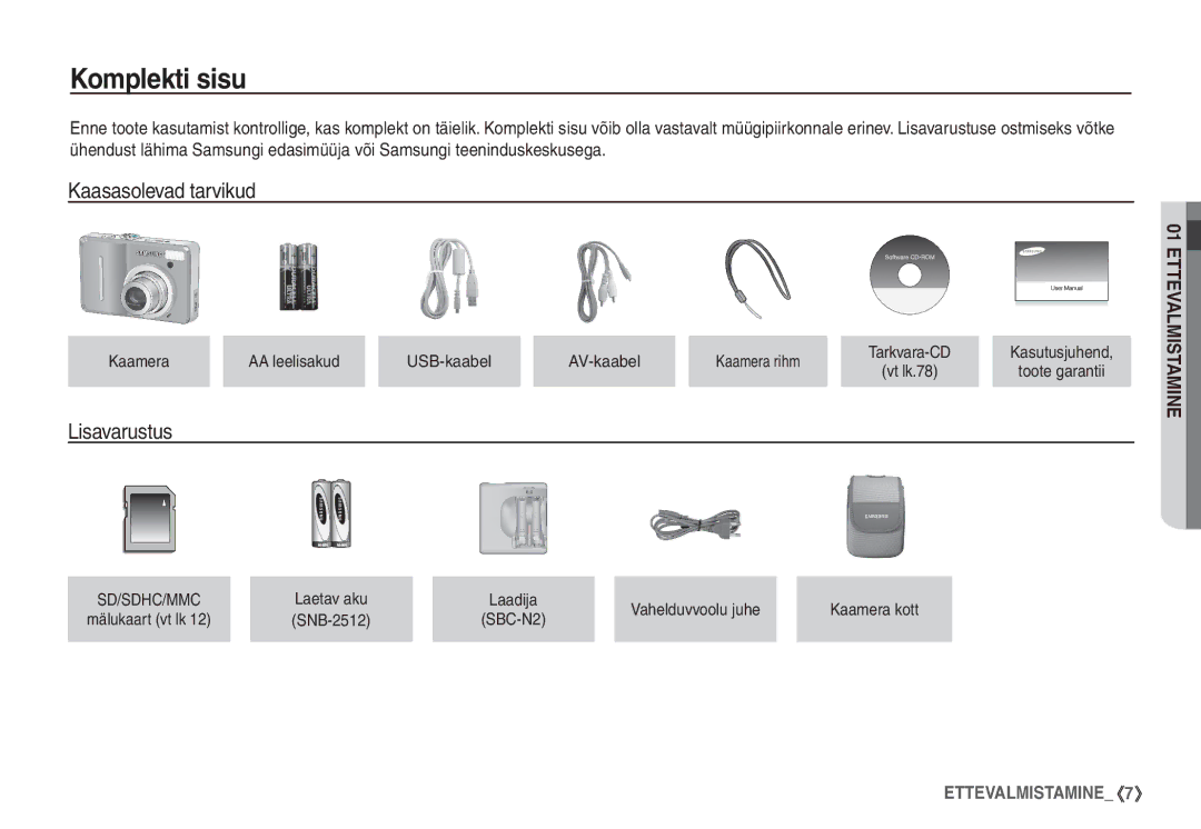 Samsung EC-S1060BBA/RU, EC-S1060SBA/RU manual Komplekti sisu, Kaasasolevad tarvikud, Lisavarustus, Vahelduvvoolu juhe 