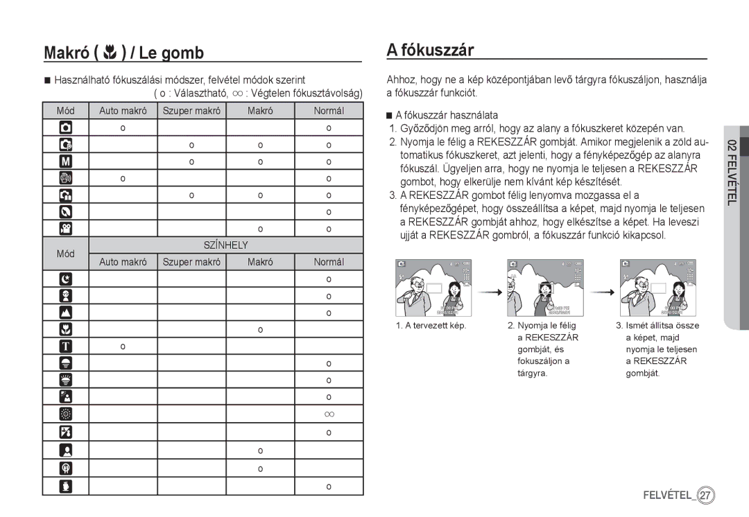 Samsung EC-S1050BBA/FR, EC-S1060BDA/E3, EC-S1060SDA/E3 Fókuszzár, Ujját a Rekeszzár gombról, a fókuszzár funkció kikapcsol 