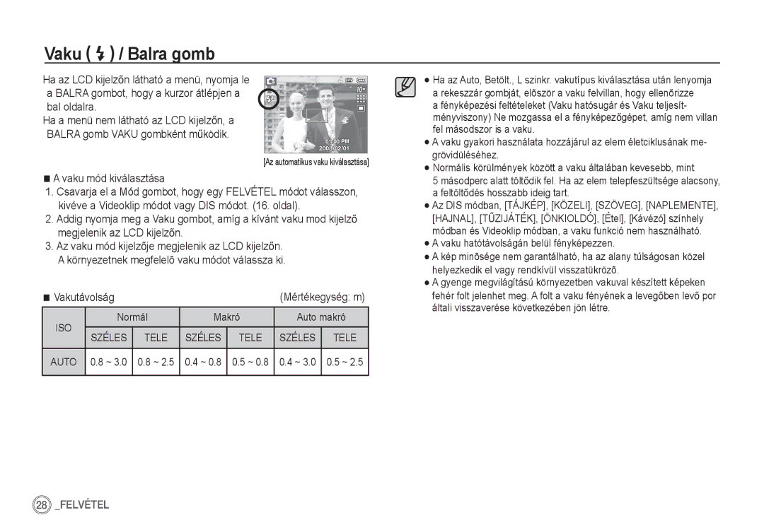 Samsung EC-S1060SBA/FR, EC-S1060BDA/E3 manual Vaku / Balra gomb, Vaku mód kiválasztása, Normál Makró Auto makró, Auto 0.8 ~ 