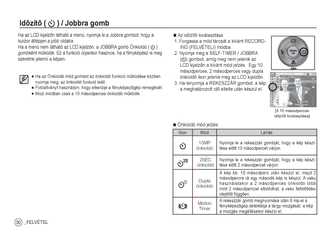 Samsung EC-S1060BBA/FR, EC-S1060BDA/E3, EC-S1060SDA/E3, EC-S1050BDA/DE manual Idõzítõ / Jobbra gomb, Önkioldó mód jelzés 