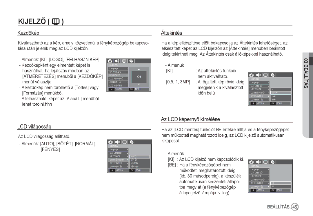 Samsung EC-S1060SBA/E1, EC-S1060BDA/E3, EC-S1060SDA/E3 manual KezdĘkép Áttekintés, LCD világosság Az LCD képernyĘ kímélése 