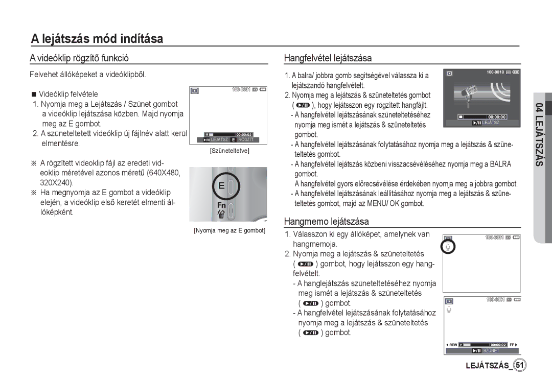 Samsung EC-S1050BBA/FR, EC-S1060BDA/E3 manual Videóklip rögzítĘ funkció, Hangfelvétel lejátszása, Hangmemo lejátszása 