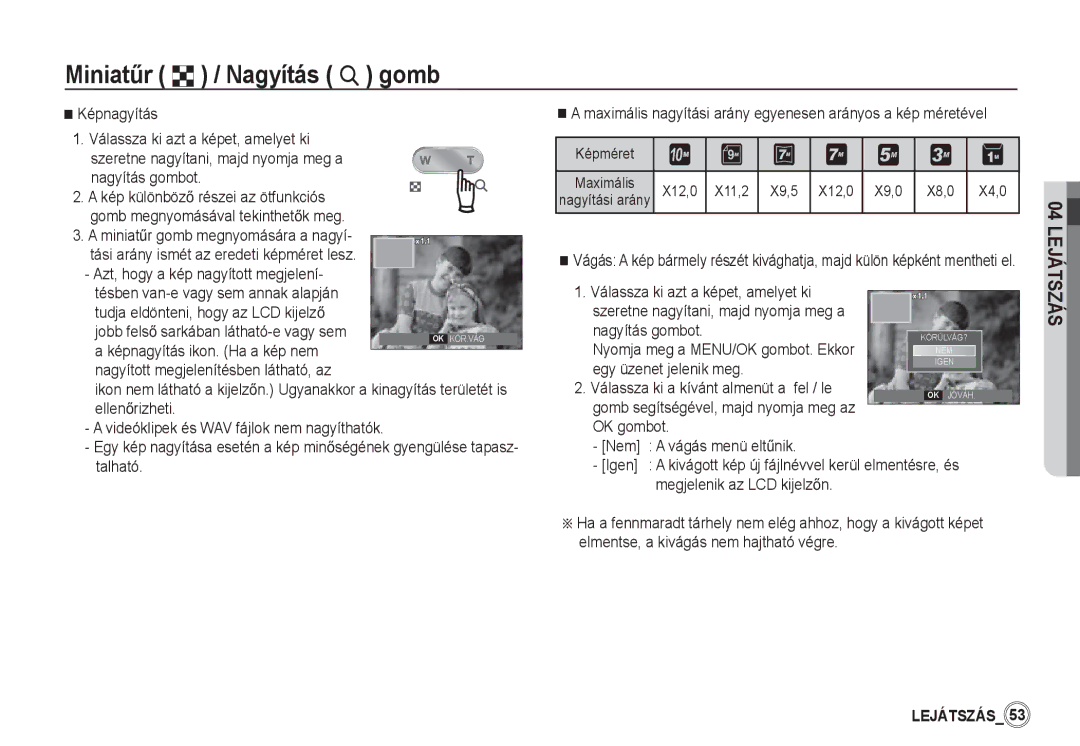 Samsung EC-S1050SDA/DE, EC-S1060BDA/E3 manual MiniatĦr º / Nagyítás í gomb, Megjelenik az LCD kijelzĘn, X9,5 X12,0, X8,0 