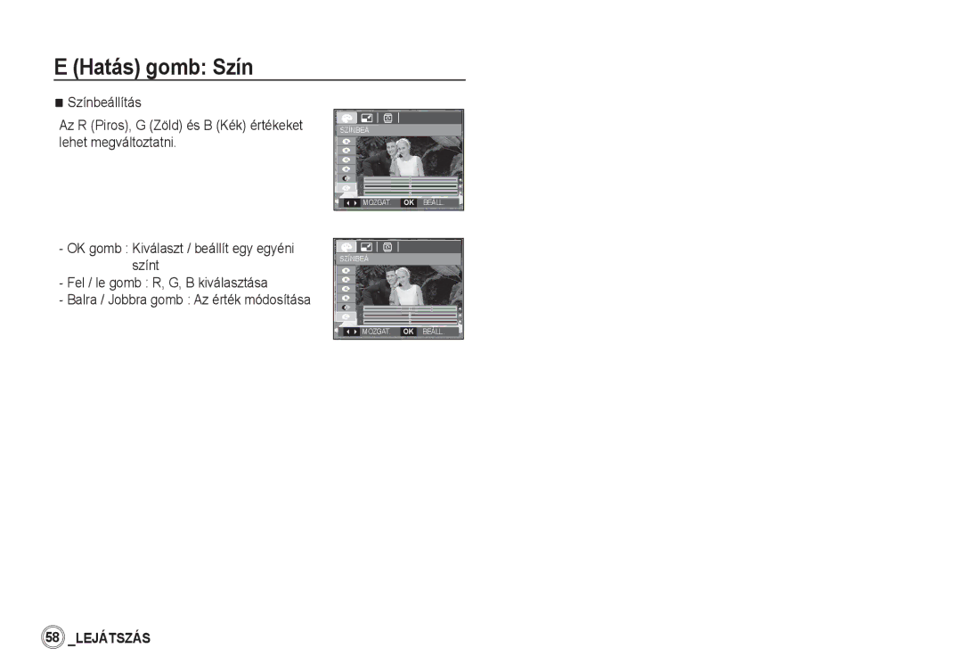 Samsung EC-S1050SHB/E1, EC-S1060BDA/E3, EC-S1060SDA/E3, EC-S1050BDA/DE, EC-S1050SBA/FR, EC-S1050BBA/FR manual 58 Lejátszás 