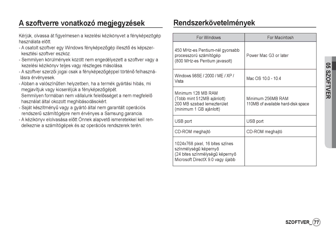 Samsung EC-S1050SDA/DE, EC-S1060BDA/E3 Szoftverre vonatkozó megjegyzések, Rendszerkövetelmények, For Windows For Macintosh 