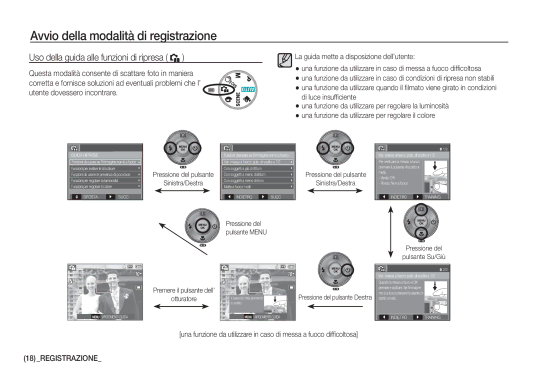 Samsung EC-S1060BBC/E1 manual Uso della guida alle funzioni di ripresa `, Sinistra/Destra, Pressione del Pulsante Su/Giù 