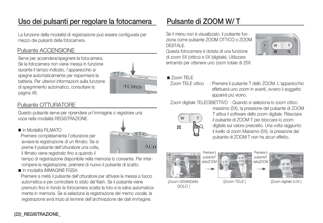 Samsung EC-S1050BBA/IT manual Uso dei pulsanti per regolare la fotocamera, Pulsante di Zoom W/ T, Pulsante Accensione 