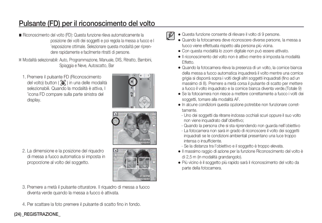 Samsung EC-S1060SBA/E1, EC-S1060BDA/E3, EC-S1060SDA/E3, EC-S1050BDA/DE manual Pulsante FD per il riconoscimento del volto 