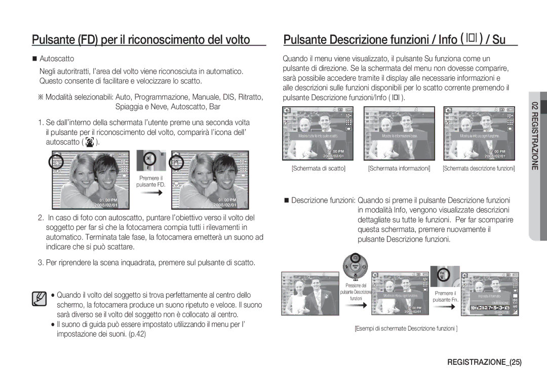 Samsung EC-S1050SFB/IT, EC-S1060BDA/E3, EC-S1060SDA/E3 manual Pulsante Descrizione funzioni / Info î / Su, REGISTRAZIONE25 