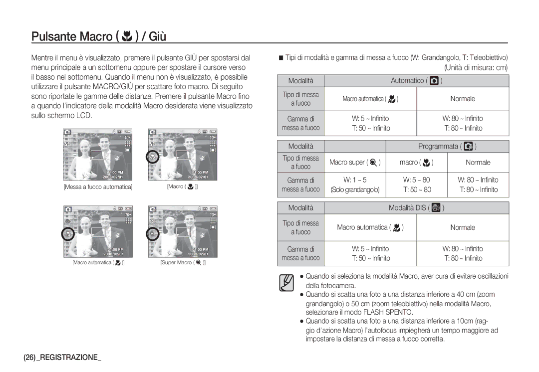 Samsung EC-S1060BBA/IT, EC-S1060BDA/E3, EC-S1060SDA/E3, EC-S1050BDA/DE Pulsante Macro e / Giù, Programmata ‰, Macro super 