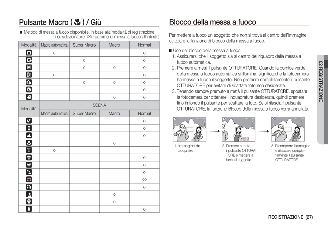 Samsung EC-S1060BBB/E1 Blocco della messa a fuoco, Uso del blocco della messa a fuoco, Fuoco automatica, REGISTRAZIONE27 