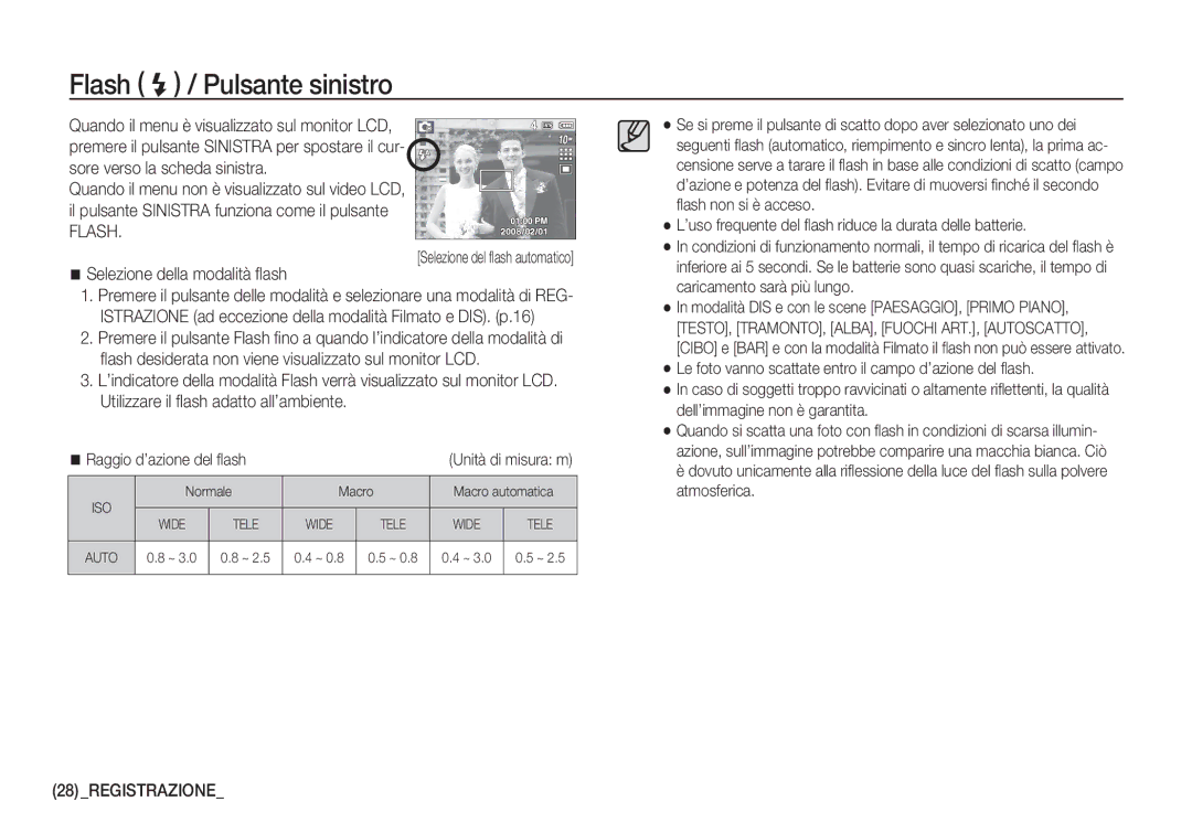 Samsung EC-S1050SBA/E1 manual Flash / Pulsante sinistro, Selezione della modalità ﬂash, Selezione del ﬂash automatico 