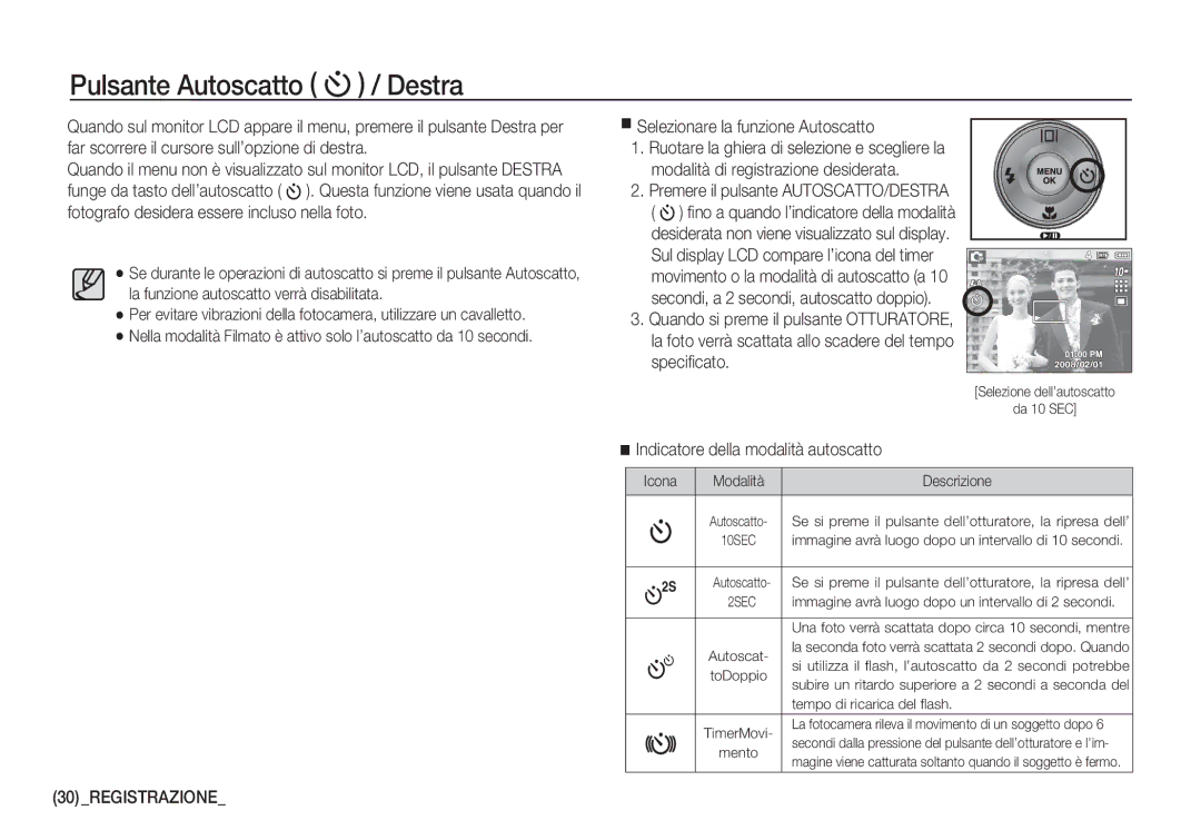 Samsung EC-S1060SDA/E3 manual Pulsante Autoscatto / Destra, Selezionare la funzione Autoscatto, Speciﬁcato, Icona Modalità 