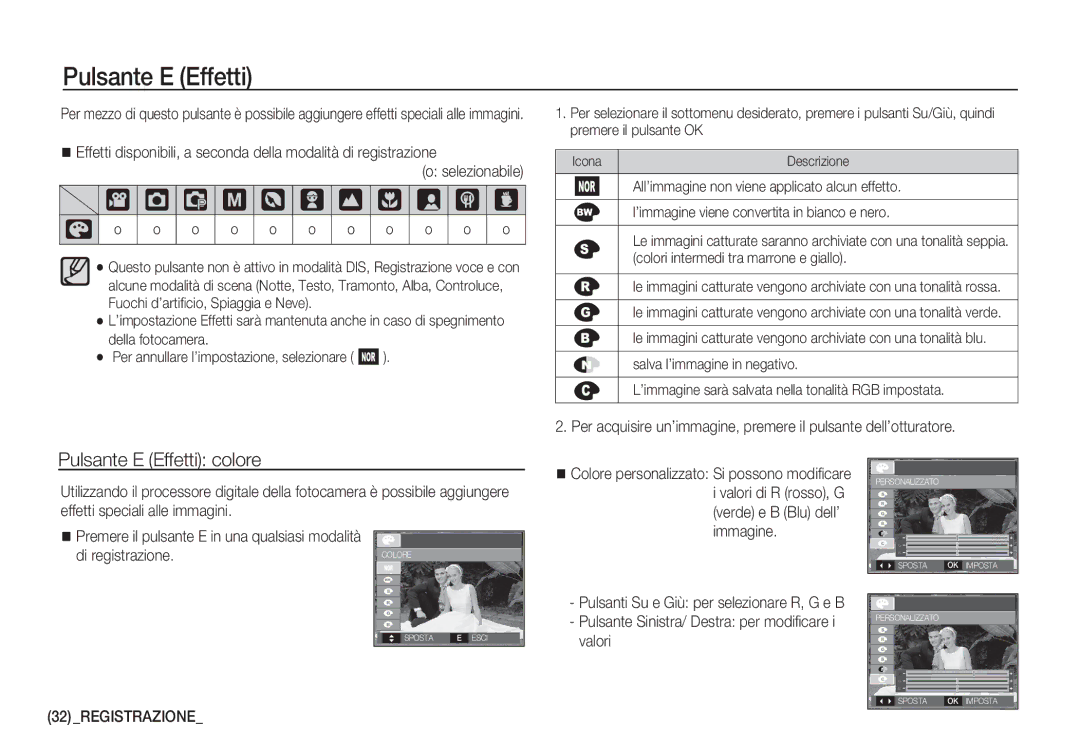 Samsung EC-S1050SDA/DE, EC-S1060BDA/E3, EC-S1060SDA/E3 manual † Š ‰, Pulsante E Effetti colore, Di registrazione 