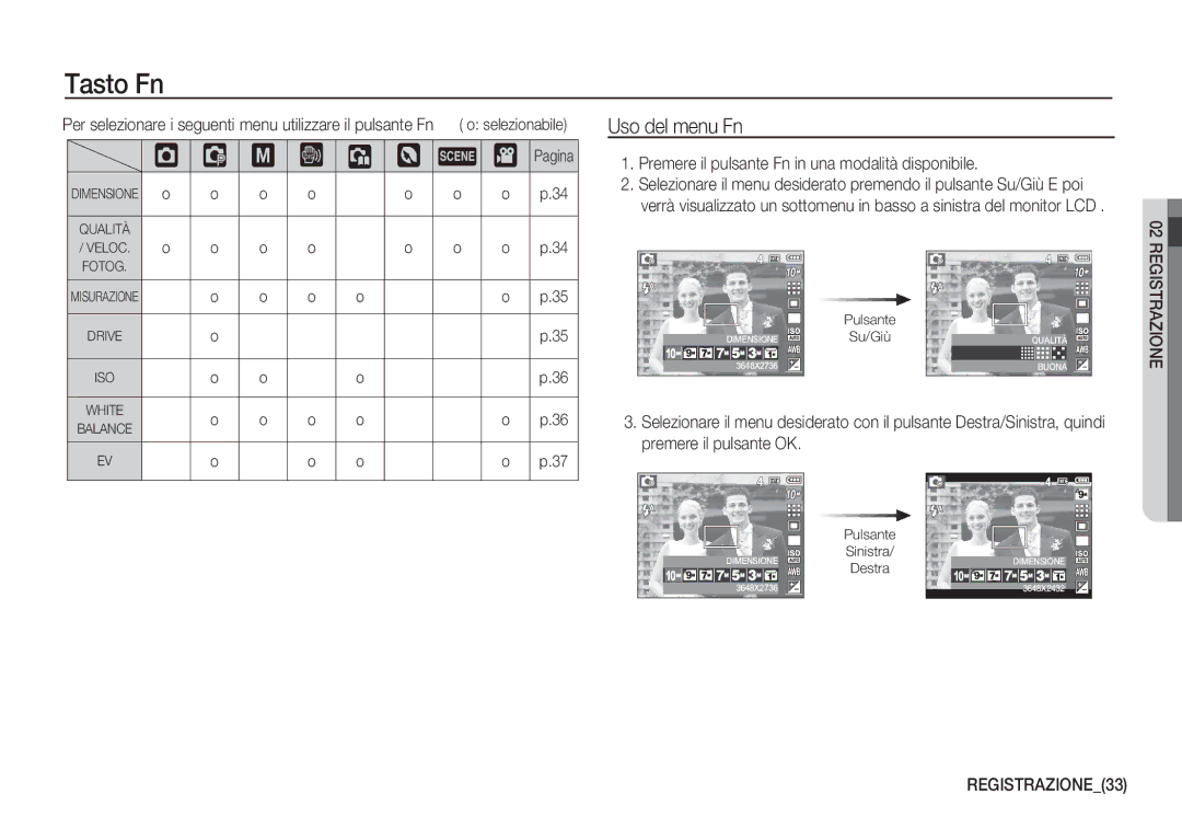 Samsung EC-S1060BBC/E1 Tasto Fn, ‰ ÿ, Uso del menu Fn, Premere il pulsante Fn in una modalità disponibile, REGISTRAZIONE33 