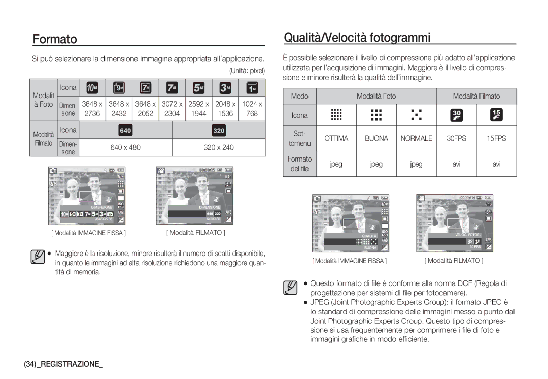 Samsung EC-S1050SBA/IT, EC-S1060BDA/E3, EC-S1060SDA/E3, EC-S1050BDA/DE, EC-S1050SDA/DE Formato, Qualità/Velocità fotogrammi 